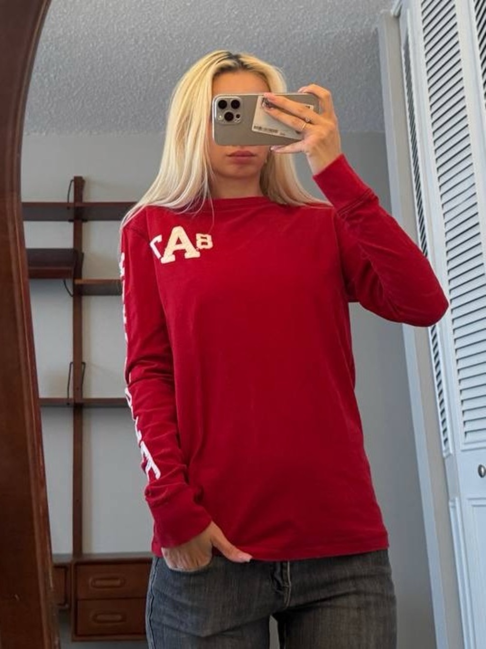 Aeropostale Red Long-Sleeve Logo Tee with White Lettering